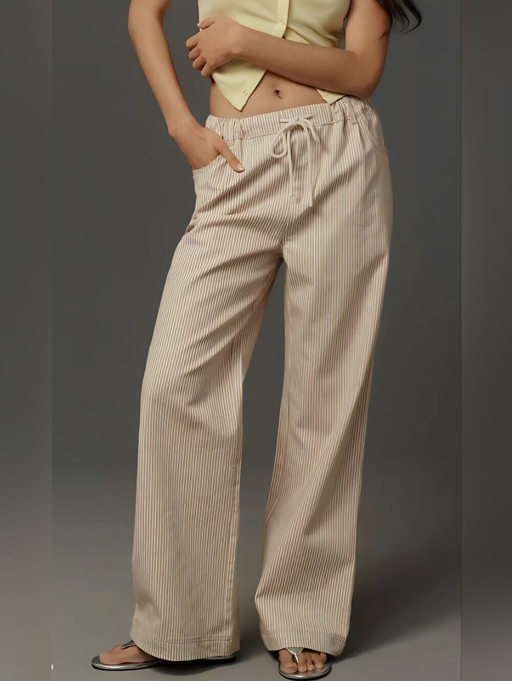 Steve Madden Beige Striped Wide Drawstring lightweight Denim Pants Womens XLT
